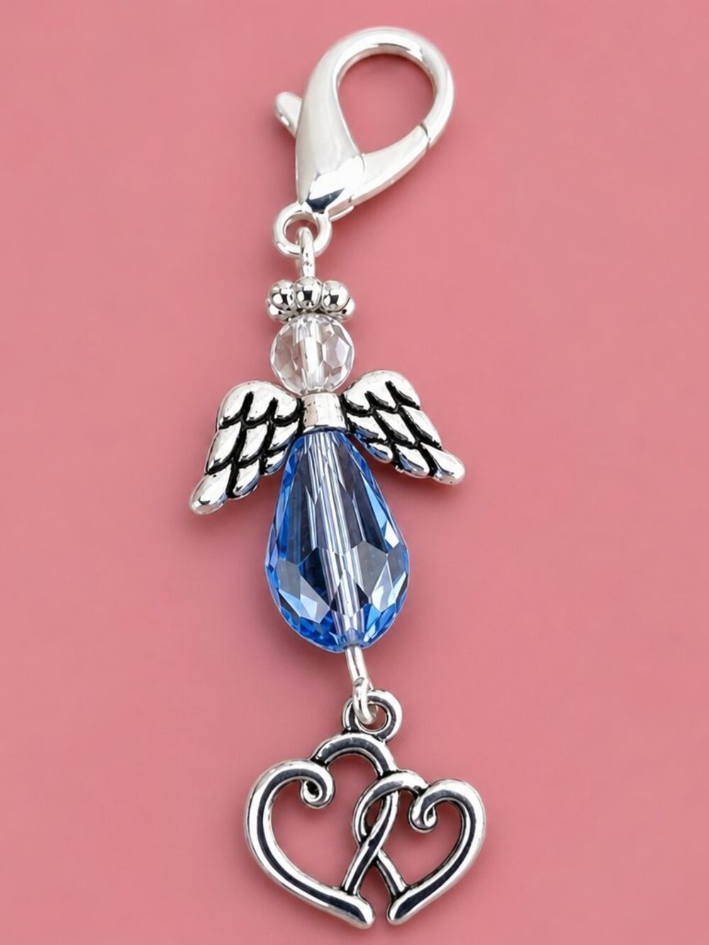 Handmade Angel Clip Charm • Blue Crystal Bead • Bag & Keychain Accessory